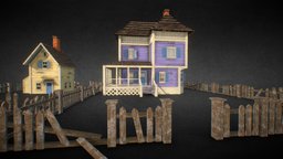 Old Houses and Modular Broken Fence Low Poly