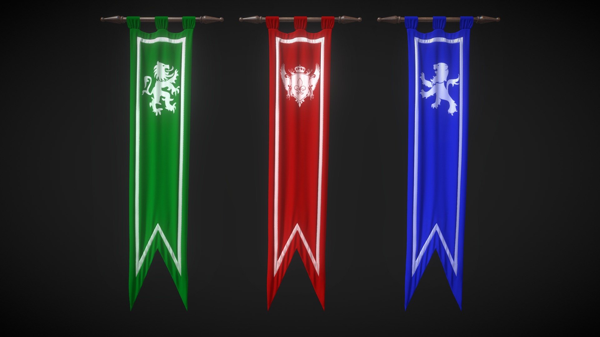 Realistic (copy) 3d model of Medieval flags.

This set: 
- 1 file obj standard 
- 1 file 3ds Max 2013 vray material 
- 1 file of 3Ds 

Topology of geometry: 
- forms and proportions of The 3D model 
- the geometry of the model was created very neatly 
- there are no many-sided polygons 
- detailed enough for close-up renders 
- the model optimized for turbosmooth modifier 
- Not collapsed the turbosmooth modified 
- apply the Smooth modifier with a parameter to get the desired level of detail

Materials and Textures: 
- 3ds max files included Vray-Shaders 
- all texture paths are cleared

Excellent renders to you! - Medieval flags - Buy Royalty Free 3D model by madMIX 3d model