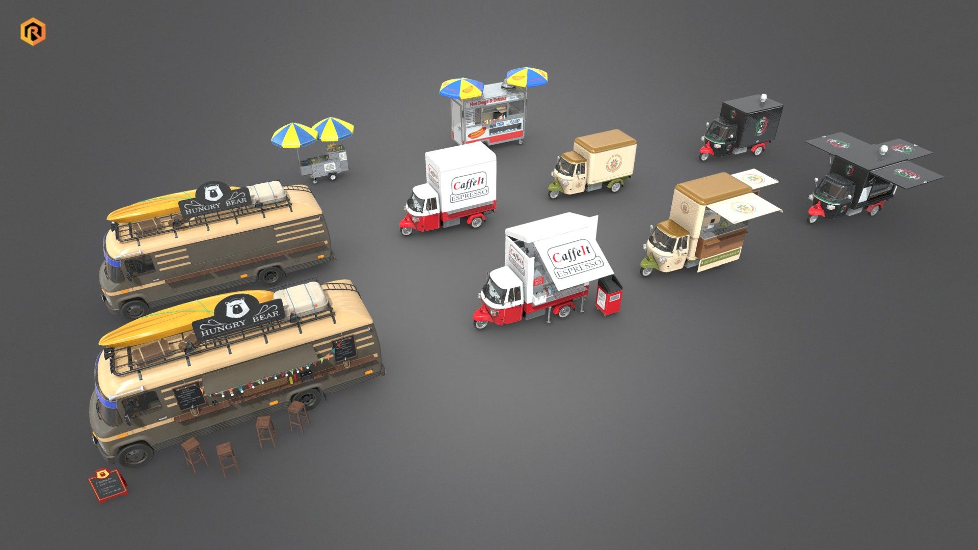 6 low-poly PBR 3D models of Food Trucks.

The interior part of the cabins are also modeled and textured. Most of them have an open and closed version of the model. These models are best for use in games and real-time applications. It can also be rendered in Blender (ex Cycles) or Vray.

**Technical details: ** 




The number of triangles varies between 10800 - 59000 triangles.

Blender, Unity and Unreal Engine files included.  

Lot of additional file formats included (Blender, Unity, UE4, Maya etc.)   

**IMPORTANT: Due to the 2gb file size limitation on SketchFab, I had to split this package into 2 parts. First is downloadable right after purchase but some secondary files (mainly example scenes and UE4 files) will be available for download from another source (Google Drive). The link to the additional materials will be in the package after purchase. **

Please feel free to contact me if you have any questions or need any support for this asset.

Support e-mail: support@rescue3d.com - 6  Food Trucks - Buy Royalty Free 3D model by Rescue3D Assets (@rescue3d) 3d model