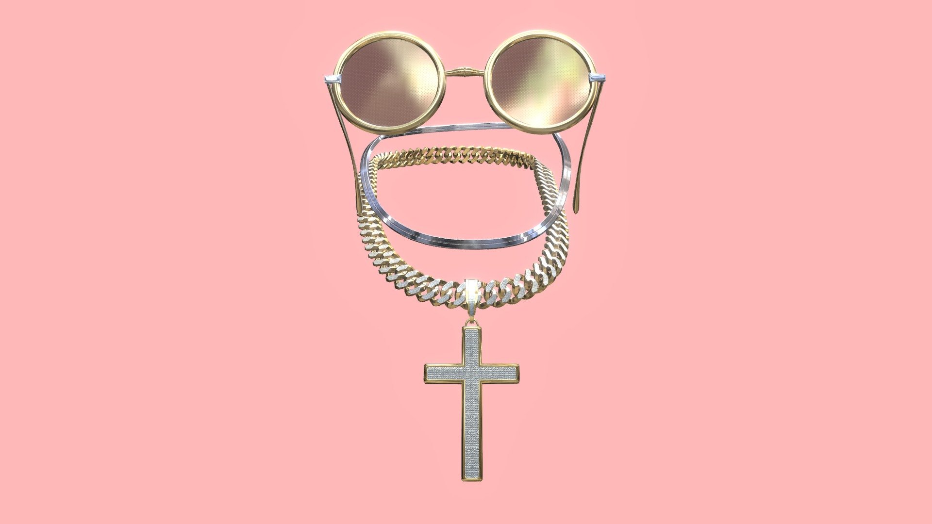 77 Links - Diamond Cuban Gold Chain + Cross Pendant.
Platinum Chain

Gold Glasses



2K PBR Materials.
cross pendant &amp; chain have seperate UV Maps.
Platinum Chain has no materials.
Glasses have Seperate Map from the chain &amp; Pendant.



Necklaces Modeled to fit &ldquo;Character Creator 3 Default Female Character