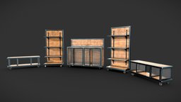 Workbench Set wooden, exterior, prop, item, dirty, metal, old, workbench, substancepainter, game, 3dsmax, lowpoly, wood, gamemodel, gameready, environment