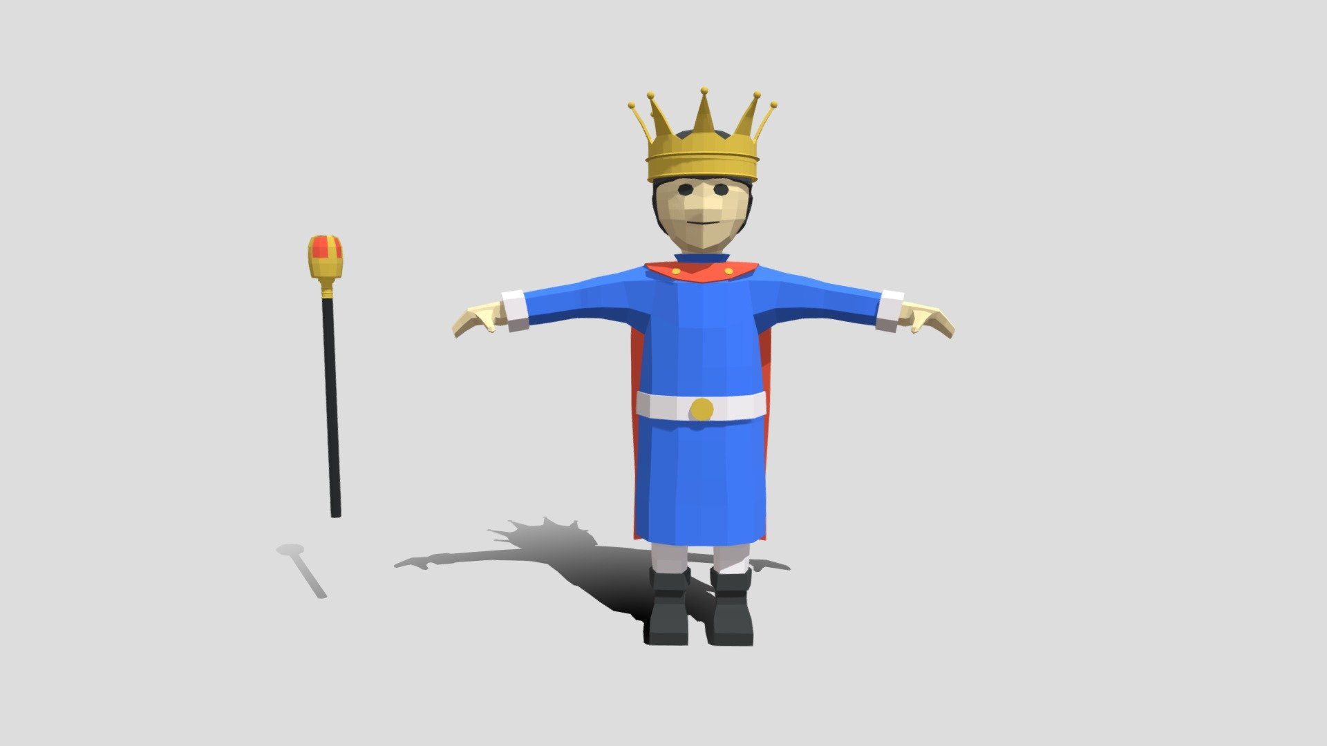 Τhis is a low poly 3D model of a King. The low poly King was modeled and prepared for low-poly style renderings, background, general CG visualization presented as 3 meshes with quads only. The crown , and the sceptre are seperate objects.

Verts : 4.077 Faces: 3.998.

The model have simple materials with diffuse colors.

No ring, maps and no UVW mapping is available.

The original file was created in blender. You will receive a 3DS, OBJ, FBX, blend, DAE, Stl, glTF.

All preview images were rendered with Blender Cycles. Product is ready to render out-of-the-box. Please note that the lights, cameras, and background is only included in the .blend file. The model is clean and alone in the other provided files, centered at origin and has real-world scale 3d model