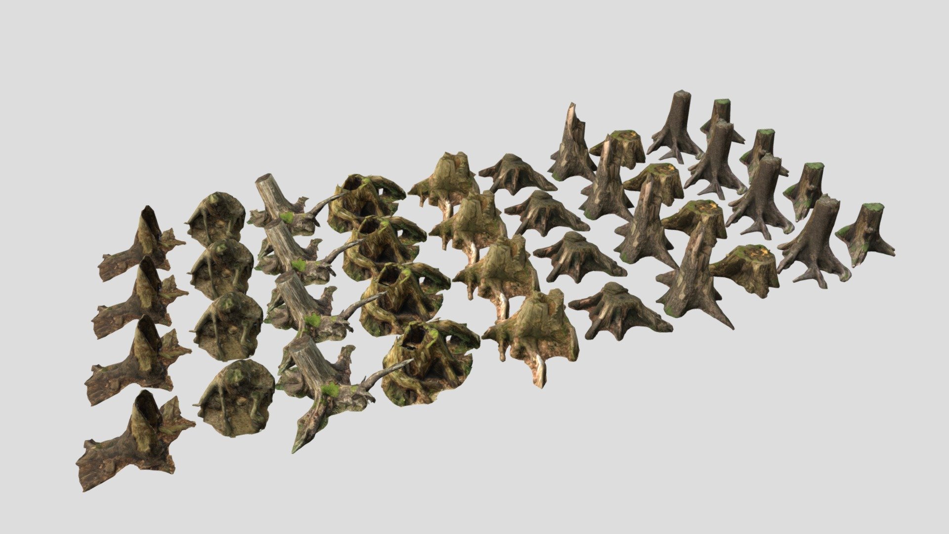This pack includes:
- 10 unique models of tree stumps (each with 4 LOD levels, ranging from 5,700 to 150 triangles –&gt; total of 40 models) - 4k textures (diffuse + normal)

Enjoy, and happy modeling! - 10 Conifer Stumps Pack - Buy Royalty Free 3D model by atti1234 3d model