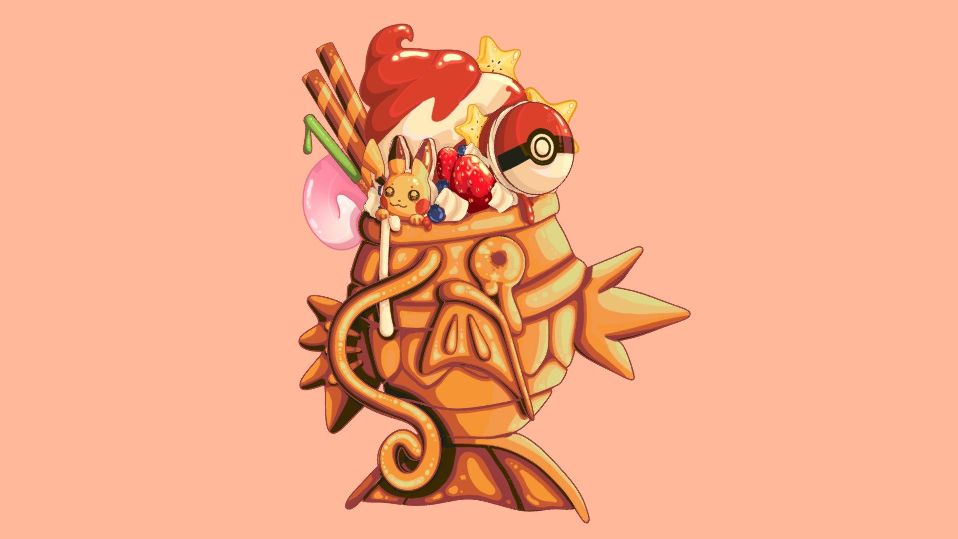 Magikarp Taiyaki, topped with ice cream, pokemon macaroons, fruit, cookies, and a slowpoke tail.

Made in Blender with handpainted textures.

Check out my Instagram nicole_davisart, or Twitter NDavisart to see how the model looks in Blender 3d model