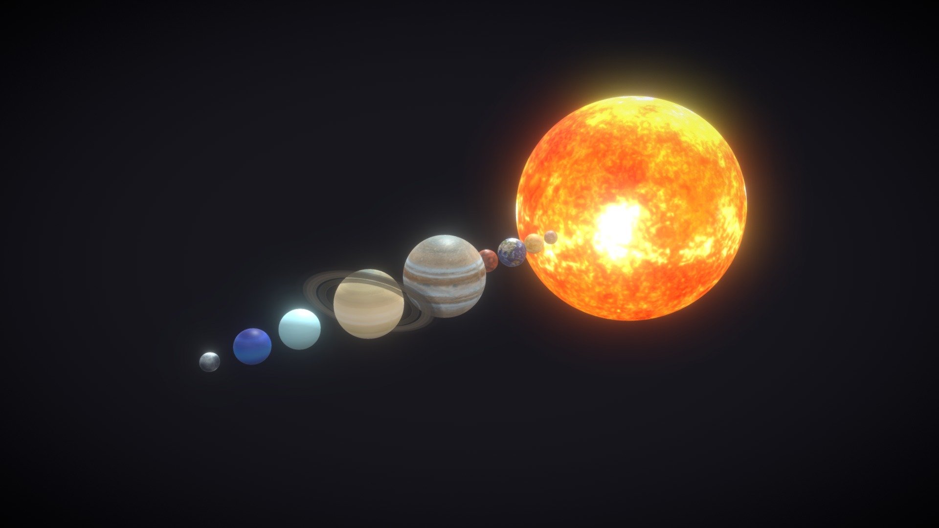 Photorealistic Solar System + Pluto 8k Textures  consists out of separate 3D models for Sun, 8 planets, Pluto and Moon:


Sun, Mercury, Venus, Mars, Jupiter, Uranus, Neptune, Pluto (24577 P, 24582 V)
Earth (24576 P, 24578 V)
Moon (24578 P, 24582 V
Saturn (24705 P, 24838 V)

Technical details:


File formats included in the package are: FBX, OBJ, GLB, ABC, PLY, STL, BLEND, x3d, gLTF (generated), USDZ (generated)
Native software file format: BLEND
Polygons: 270,475
Vertices: 270,654
Textures: Color, Metallic, Roughness, Normal, AO.
All textures are 8k (8192x4096) resolution.

Notes:


For Earth - The ground (surface) and clouds (atmosphere) are fused in the same texture.
The model uses only color and normal textures and there is also the texture for the background stars in the pack.
There is also a beauty light to simulate some glow at the edge of the planet (this will be available only in the .blend file).
 - Photorealistic Solar System + Pluto 8k Textures - Buy Royalty Free 3D model by 3DDisco 3d model