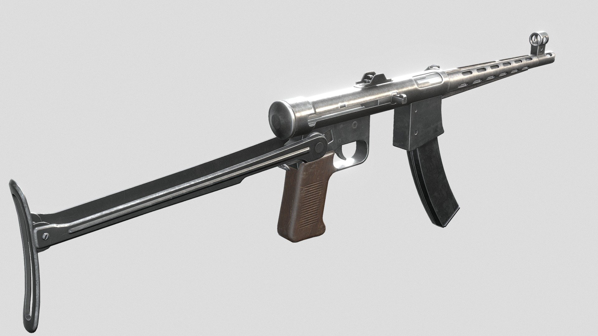 The design was was based on the prototype Danuvia 44.M submachine gun made in 1944. This re-design was started by Kucher in 1949, where magazine foldability was eliminated, and the selector switch was retained for both full-auto and semi-auto fire 3d model