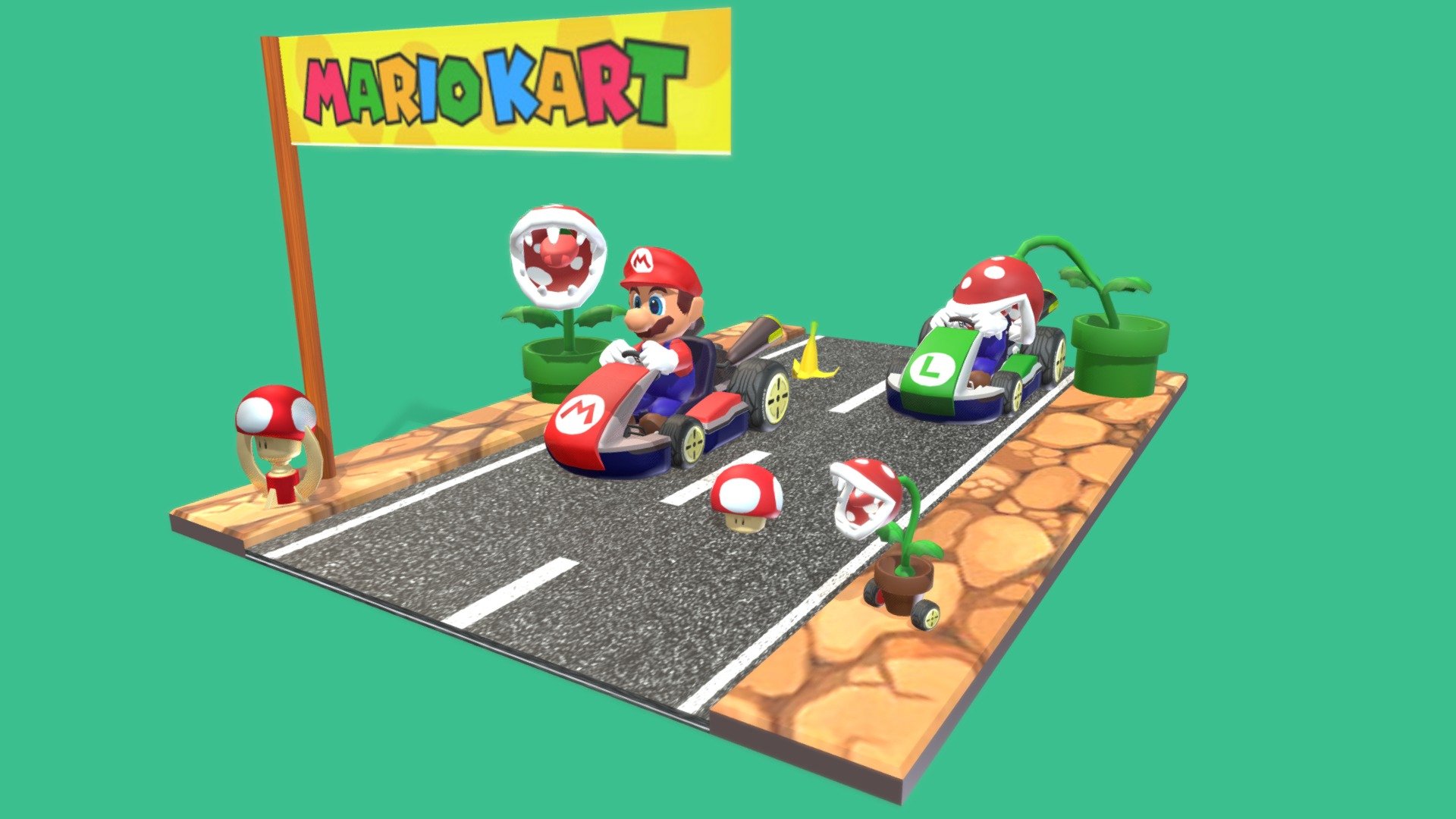 This is a Mario Kart 8 low poly 3D model scene. That will enhance detail to any of your rendering projects. The model has a fully textured and detailed design that allows for close-up renders, and was originally modeled,texturized in Autodesk Maya 2018 and rendered with Arnold. The model only have Uvs dones in the marios eyes, hat ,car logo,and wheels, floor, flowers, mushroom… and it contains all the textures. It very cute model it is very colourful.

This model can be used for any type of work as: low poly or high poly project, videogame, render, video, animation, film…This is perfect to use like a part of car race scene or for a postcard image with other decoration such as another mario characters… Also you can print it such as 3d sculpture.

This contains a .fbx. and all the textures.

I hope you like it, if you have any doubt or any question about it contact me without any problem! I will help you as soon as possible, if you like it I will aprecciate if you could give your personal review! Thanks - Mario Kart Scene - Buy Royalty Free 3D model by Ainaritxu14 3d model