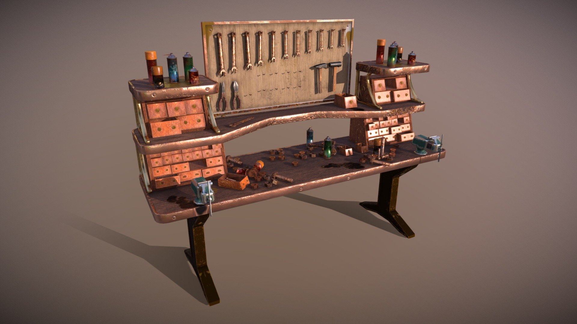 This is the workbench for the steampunk scene I made: 
https://www.artstation.com/artwork/N59Z5N

Made with Blender 2.8 and textured with Substance Painter.

The download includes:





The main FBX with 2K textures




FBX with clean workbench




FBX with only tools




Unity (URP) and Unreal (Packed) textures


 - Steampunk Workbench - Buy Royalty Free 3D model by Sybren Westendorp (@sybriart) 3d model