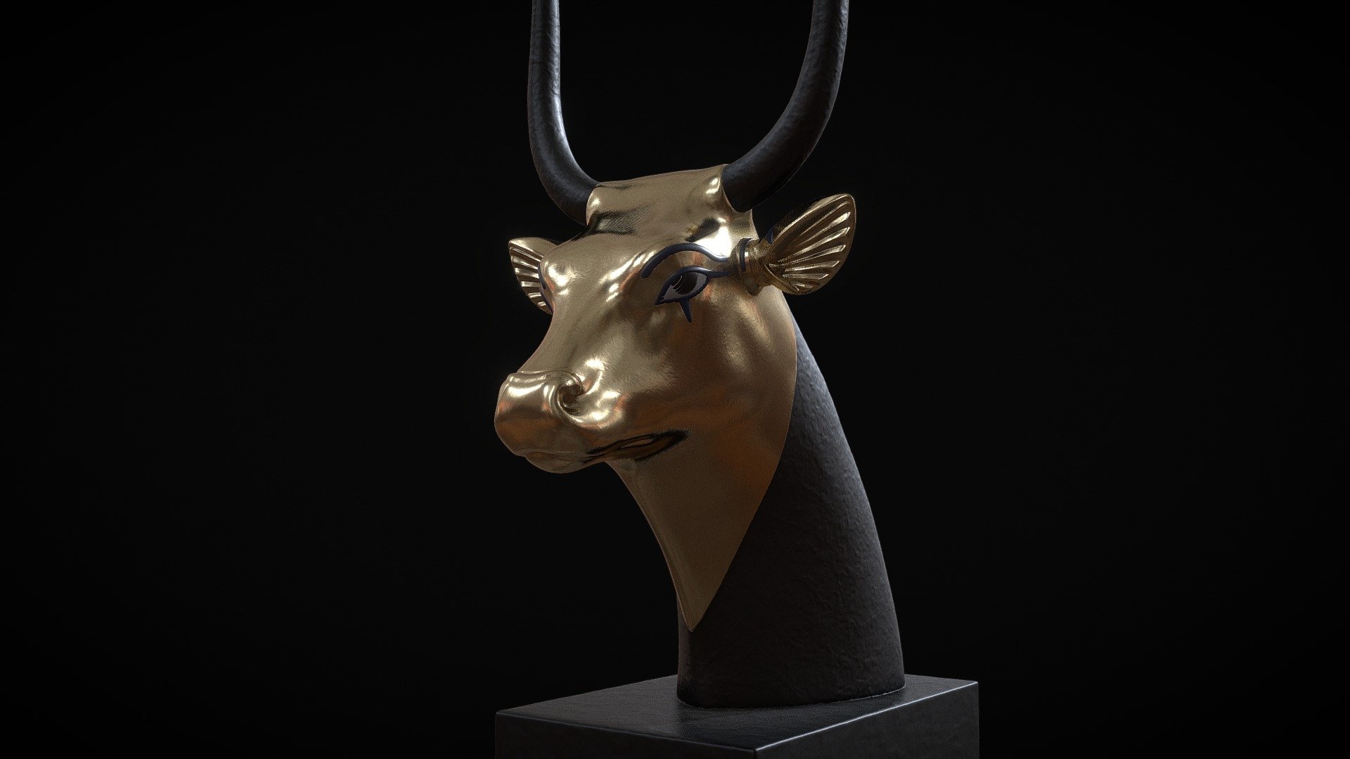 ** GILDED HEAD OF HATHOR - Egyptian Art from grave of Tutankhamun. 
This golden cow head represent the Goddess of the West, Hathor. The use of gold for the skin of the face represents the immortality of the Gods and Goddesses.

Highpoly
FBX
No textures
Let me know if you have any requests.

Enjoy! - Hathor Cow Head - GILDED HEAD OF HATHOR - Buy Royalty Free 3D model by Omassyx 3d model