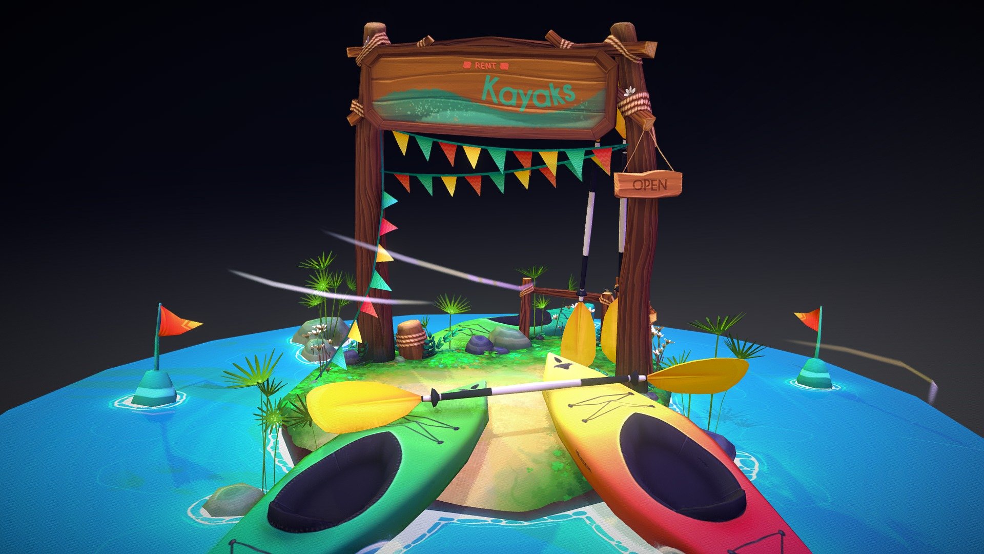 New 3d handpainted scene, with low poly kayaks! ^.^ - Kayaks rental - 3D model by Emeryl (@elo-doudoune) 3d model