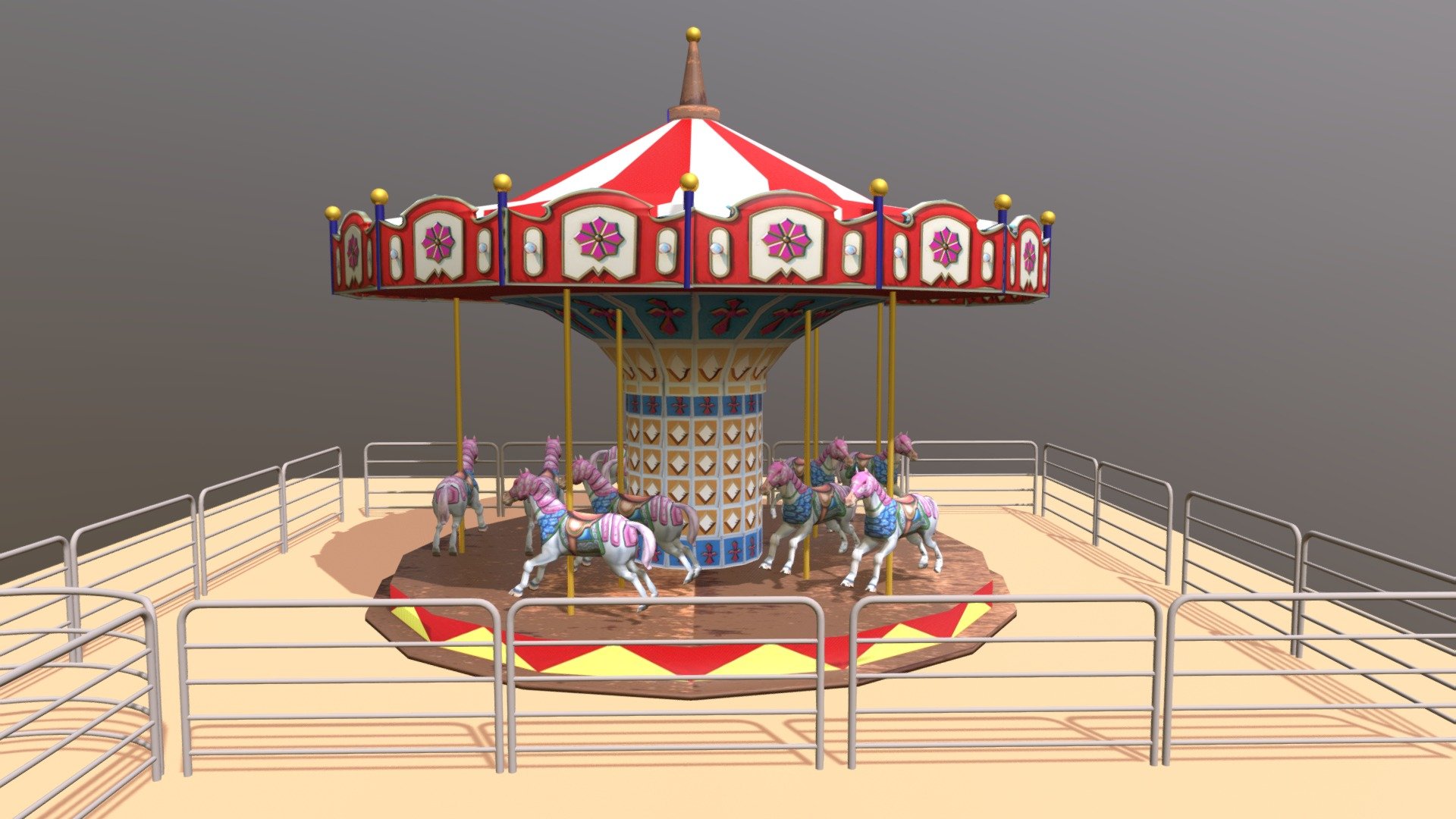 This Carousel is a medium quality model that will enhance detail and realism to any of your rendering projects. The model has a fully textured and detailed design that allows for close-up renders, and was originally modeled,texturized in Autodesk Maya 2022 and rendered with Arnold. The model have Uvs done and it contains all the textures.

This zip contains the .mb file, the .fbx  and textures 3d model
