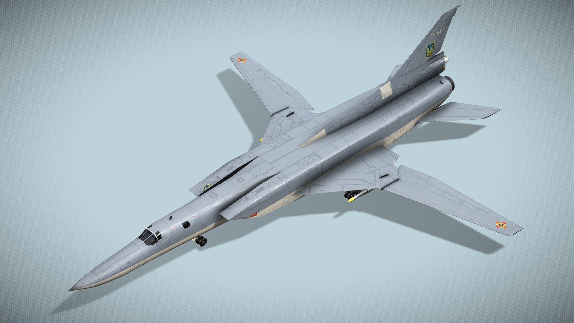 Tupolev Tu-22M3 Backfire

Lowpoly model of russian supersonic strategic bomber



The Tupolev Tu-22M3 Backfire is a supersonic, variable-sweep wing, long-range strategic and maritime strike bomber developed by the Tupolev Design Bureau in the 1960s. The bomber was reported as being designated Tu-26 by western intelligence at one time. During the Cold War, the Tu-22M was operated by the Soviet Air Forces (VVS) in a missile carrier strategic bombing role, and by the Soviet Naval Aviation (Aviatsiya Voyenno-Morskogo Flota, AVMF) in a long-range maritime anti-shipping role. As of 2021, there were 66 of the aircraft in service.



Fully rigged

Model has bump, metal, roughness maps and 2 x diffuse textures.



Check also my other aircrafts and cars.

Patreon with monthly free model - Tupolev Tu-22M3 Backfire - Buy Royalty Free 3D model by NETRUNNER_pl 3d model