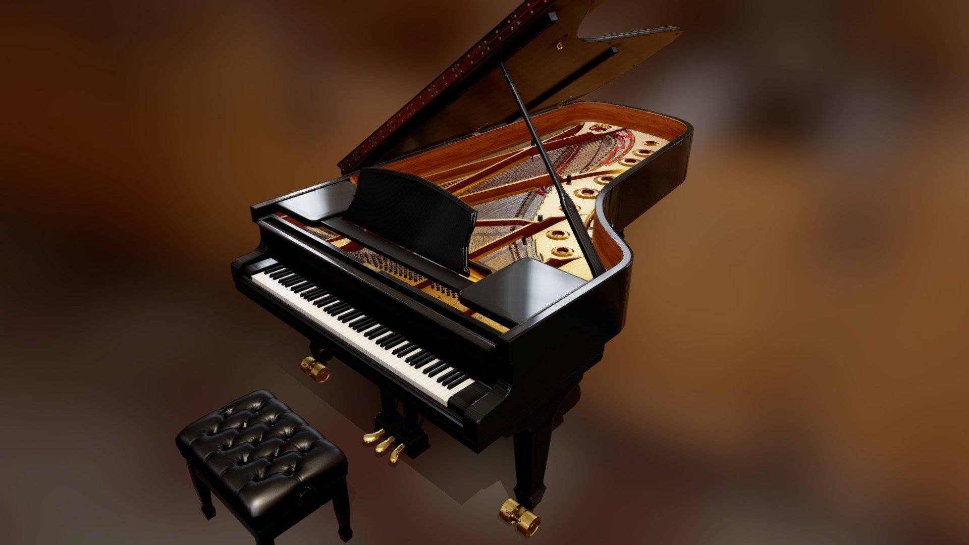 Brandless Grand Piano based on Steinway's Model D.

Modeled to scale and Optimized for use as the main piece of a real-time scene. Primarly made for arch viz in Unreal Engine 4, but may be used with any PBR renderer.

The Mesh is triangulated and edges are split.

The UVs are tightly optimized, overlapping only on repeating geometries.

The Textures are 2048x2048 png

The Rig only covers the non-playable aspect of the piano (Keys, Hammers, Action and Pedals are not rigged) 

The Animations are simple 1 frame poses.

Additional files include .uasset for UE 4.20 and up (drag and drop in your project's content folder (in FileExplorer, not UE4 ), instantly ready for use)

The UE4 implementation allows you to easily:




Change the Pose of the piano and seat

Change their colors

Enable a secondary color for the seat

Toggle visibility of seat and music rack

UE4 Features: i.imgur.com/B6K7oRy.gifv

I'll be glad to answer any questions or issue regarding the model - Grand Piano - Buy Royalty Free 3D model by AlexPo (@owex) 3d model