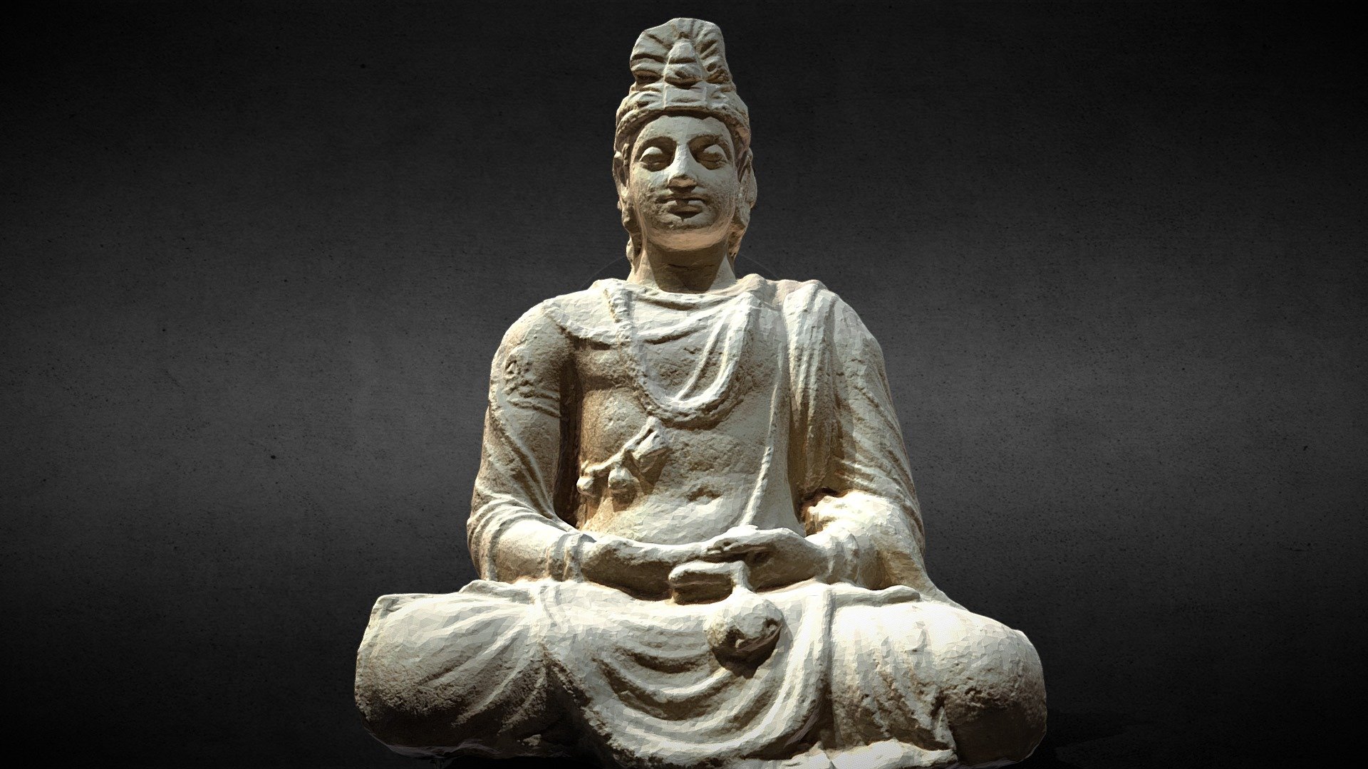 3rd to 4th century AD, Pakistan area，stucco material。
This seated Avalokitesvara Bodhisattva wears a tall Tiben-style crown, earrings hanging from the earlobes, eyes slightly closed, meditating, and a calm and relaxed facial expression, showing the unique charm of the stucco material.（净慈美术馆） - Seated Avalokitesvara - 3D model by Tigershill (@tigerofchen) 3d model