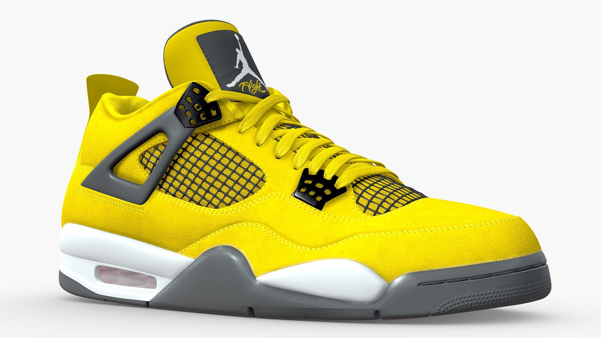 Iconic Jordan shoe in a vibrant, striking colourway. This model is an adaption of the Jordan 4 Lightning that released in 2021, the colour blocking remains faithful, however, the silohouette is in line with a standard jumpman Jordan 4, and not the type the real life counterpart uses. Nonetheless I hope you like it.

This model is a 1:1 replication of the original. All dimensions, angles, and curves are the same as the real life counterpart. The shoe is subdivision ready with a base polycount of 56,640 polys per shoe. The mesh uses four texture sets, all at 4096x4096 resolution, with the following maps in use: Base Color, Metallic, Roughness, Normal. The base color map contains the transparency information.

There is an optimized, One Mesh version which has a lower polycount, 25,872 polys per shoe. This was achieved by removing small stitches and smoothing out the sole of the shoe

The main Blender files contain the full texture setup 3d model