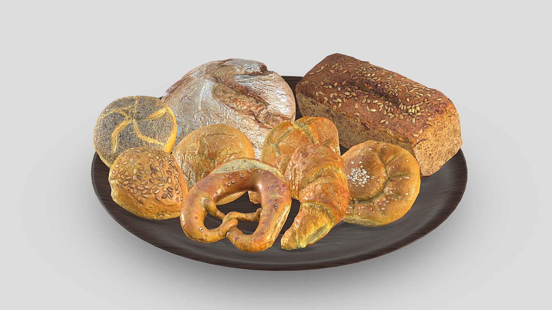 The bakery products contains a pretzel, whole grain bread, salt bread roll, rye bread roll, sunflower buns, croissant, bread roll, poppy seed roll, bread.

Each bakery products can be viewed individually in the collection Bakery Products

Each bakery product is a separated object based on a photogrammetry scan and was reworked by the following steps:



    
manual retopo
    
clean and packed UV map
    
baked textures from photogrammetry scan on manual retopo


The model contains a 1k or 2K texture for 



    
baseColor
    
normal
   
roughness
 - Bakery Products collection - Download Free 3D model by vertexgrocer 3d model