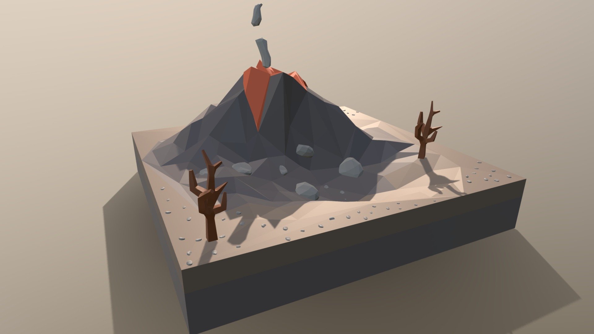 This is a low poly 3d model of a volcano scen. The low poly volcano was modeled and prepared for low-poly style renderings, background, general CG visualization.

The 3d vocano model is presented as a 4 meshes with quads/tris.

Meshes : Volcano Smoke Trees Rocks

Verts : 3.312 Faces: 5.867

Simple diffuse colors.

No ring, maps and no UVW mapping is available.

The original file was created in blender. You will receive a 3DS, OBJ, FBX, blend, DAE, Stl.

All preview images were rendered with Blender Cycles. Product is ready to render out-of-the-box. Please note that the lights, cameras, and background is only included in the .blend file. The model is clean and alone in the other provided files, centered at origin and has real-world scale - Low Poly Cartoon Volcano Scene - Buy Royalty Free 3D model by chroma3d (@vendol21) 3d model