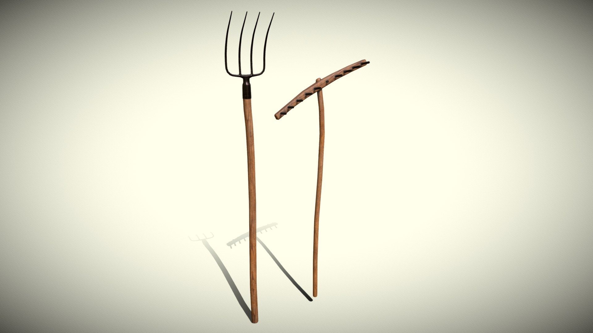A fork and a rake to collect straw. Textures in PBR size 1024. In additional download more formats and models separately, FBX, OBJ 3d model