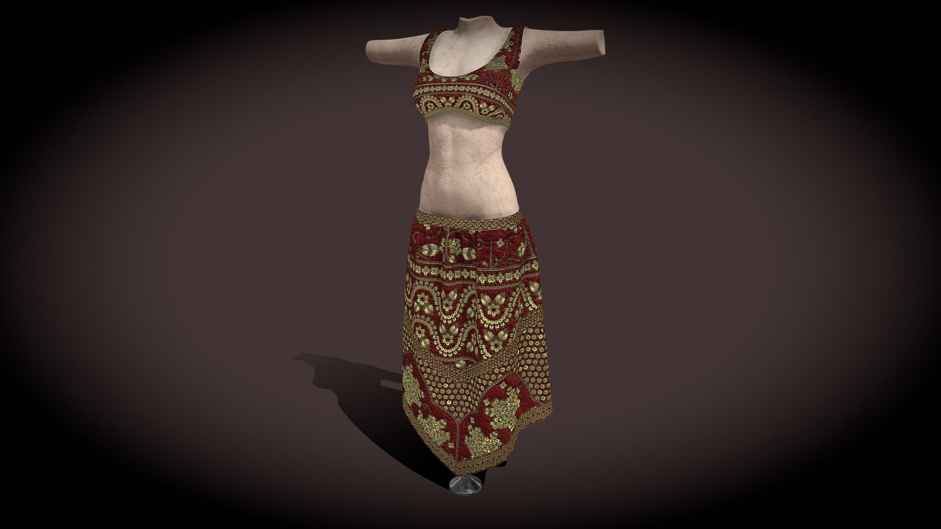 Dress was created in Marvelous Designer and painted on substance painter. 
The stand is the default character creator female cut up into a mannequin model on a metal stand 3d model