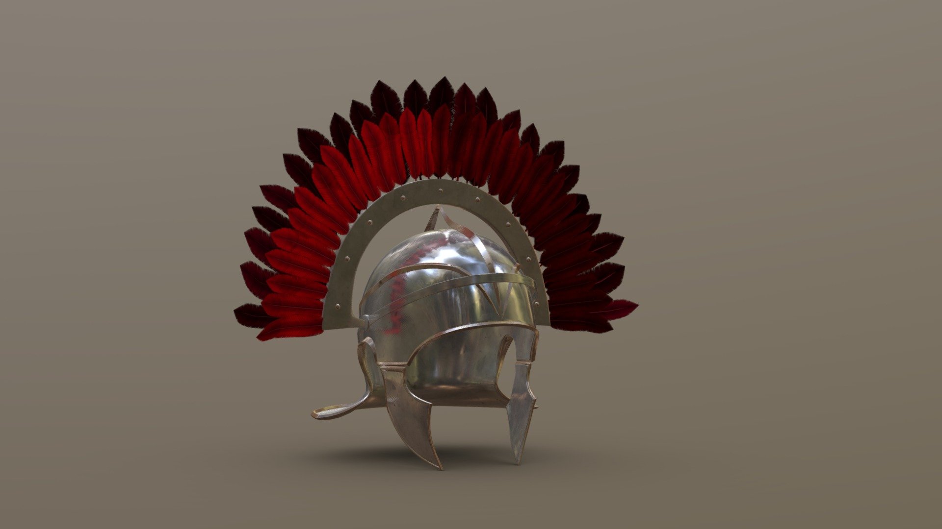 My second 3D model I've made!
This helmet was built on top of a head and has about
53k Faces. Each feather has a bone to shape it as prefered.
The feather-texure I painted by myself. 

The other textures are outsourced from AmbientCG:
Helmet Base: https://ambientcg.com/view?id=Metal006
Decorations: https://ambientcg.com/view?id=Metal008 - Centurio Helmet - 3D model by Qinzha 3d model