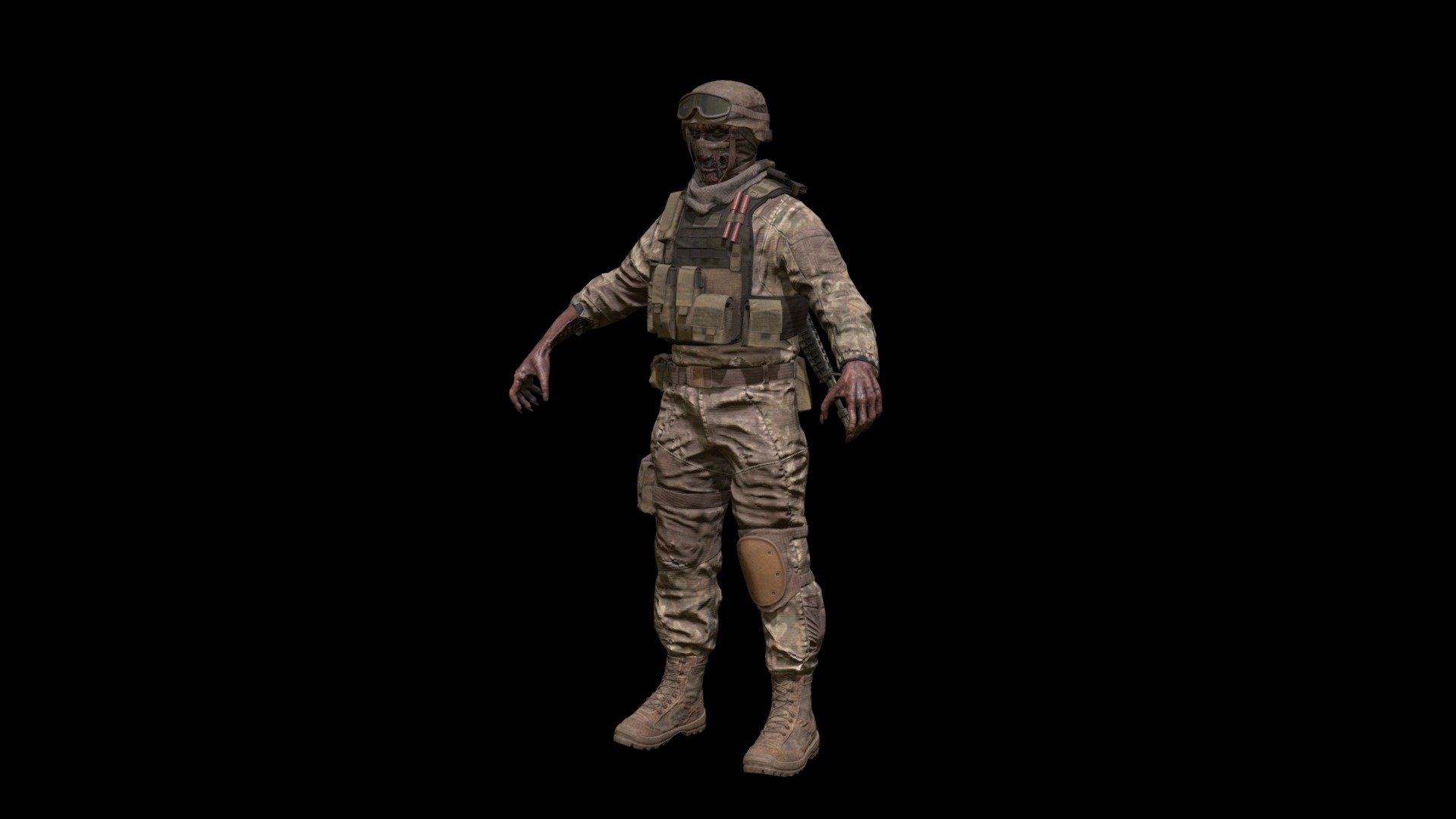 Low-poly model of the character Zombie Soldier
Suitable for games of different genre: RPG, strategy, first-person shooter, etc.
In the archive, the basic mesh (fbx and maya)

Textures pack map 4096x4096 and 2048x2048
three skins 
13 materials
46 textures
Extra joins
Jaw

Attention
The model is loaded and works in unreal engin 5 , But the skeleton has a structure from unreal engin 4 , be careful and consider this point

(full objects)
faces 48297
verts 47805
tris 90818 - Zombie_Soldier2 - Buy Royalty Free 3D model by dremorn 3d model