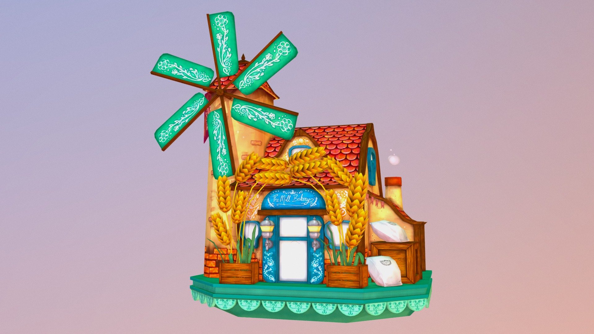 I wanted to work on a fun diorama, so I picked a bakery, because they’re such warm happy places and who doesn’t love freshly baked goods! I wanted to focus primarily on hand painted texturing and picked a stylised cartoon-ish style with bright colours. I also took inspiration from European cuckoo clocks and the patterns they use in their designs 3d model