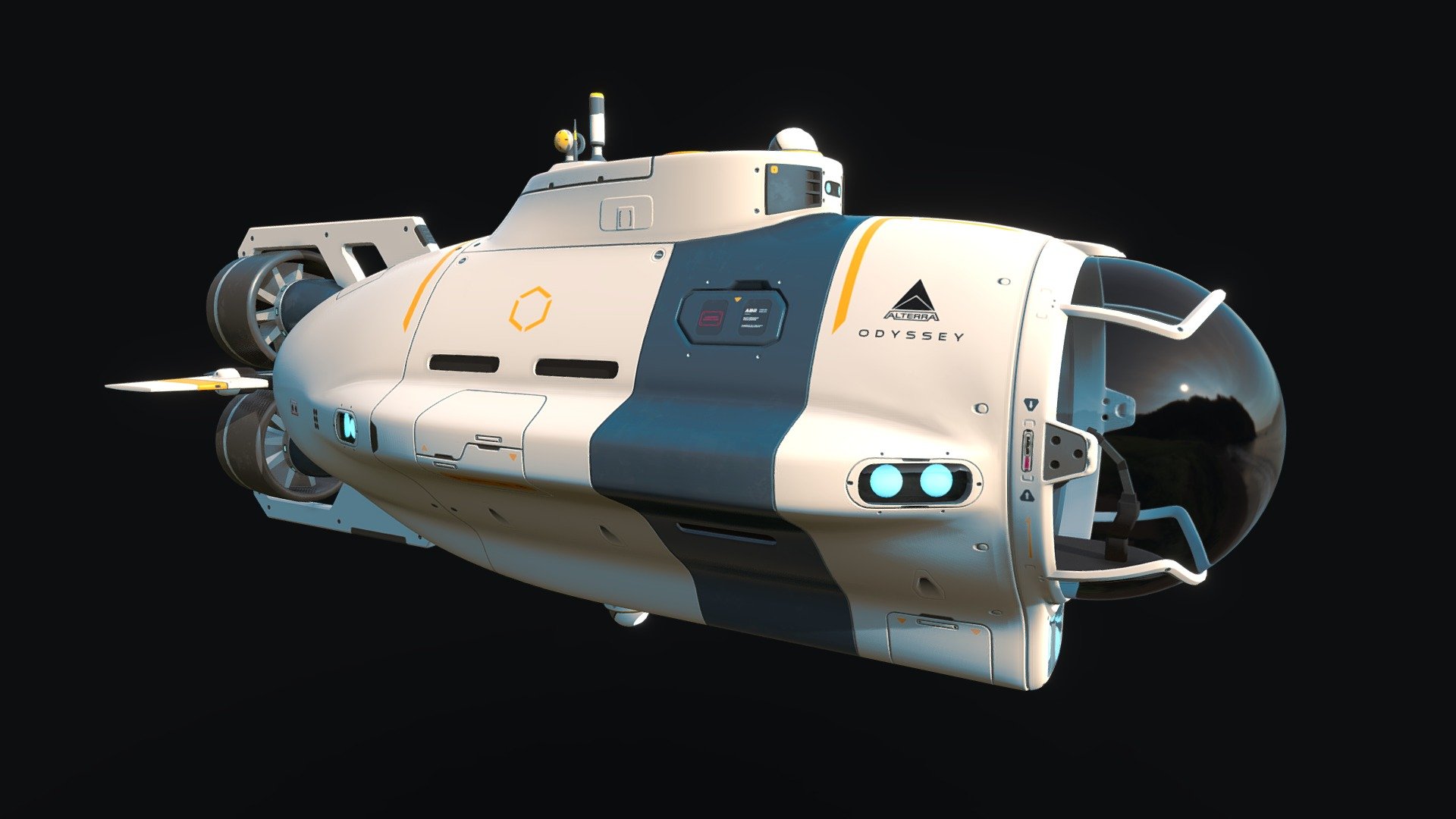 The Odyssey is a Subnautica fan art concept I doodled up a year ago. It's a science and exploration vessel, designed to fit between the Seamoth and Cyclops, with unique scout drone and a mobile scanner system. With the sequel, Subnautica Below Zero soon launching, this was the perfect time to see this concept through to 3D asset form 3d model