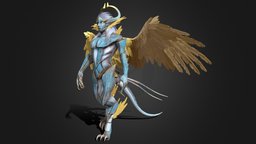 Alien hair, wings, anthro, tail, alien, character, walk, animation, gold