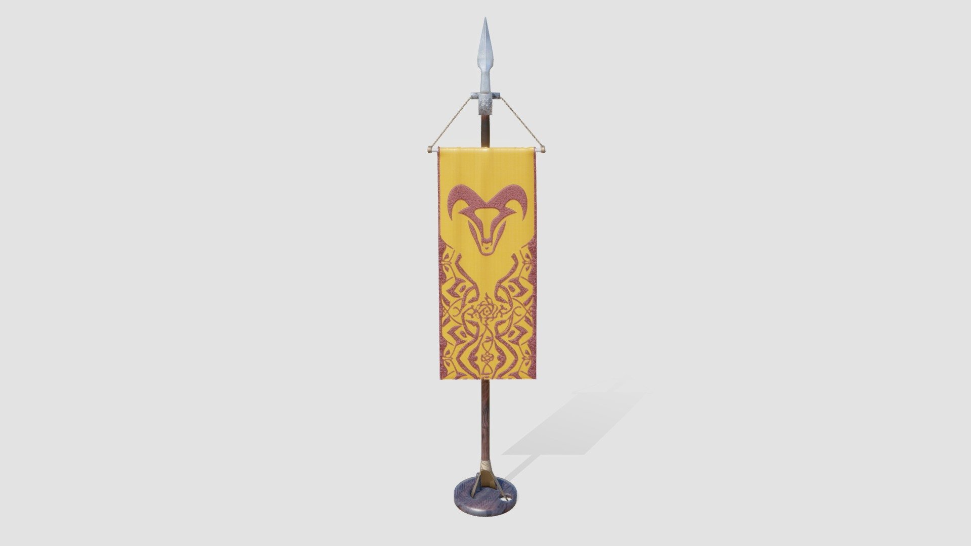 Check out my website for more products and better deals! 👉 SM5 by Heledahn 👈


This is a digital 3D model of a medieval fantasy castle banner. The design is an abstract icon of a goat's head. The fabric is silk, and the sigil is sewn into the fabric with red thread. 

The banner hangs from a beautiful ornamental spear, that sits vertical on a wood stand.

Textures come in 4K for perfect closeups.

This product will achieve realistic results in your rendering projects, being greatly suited for close-ups due to their high quality topology and PBR shading 3d model