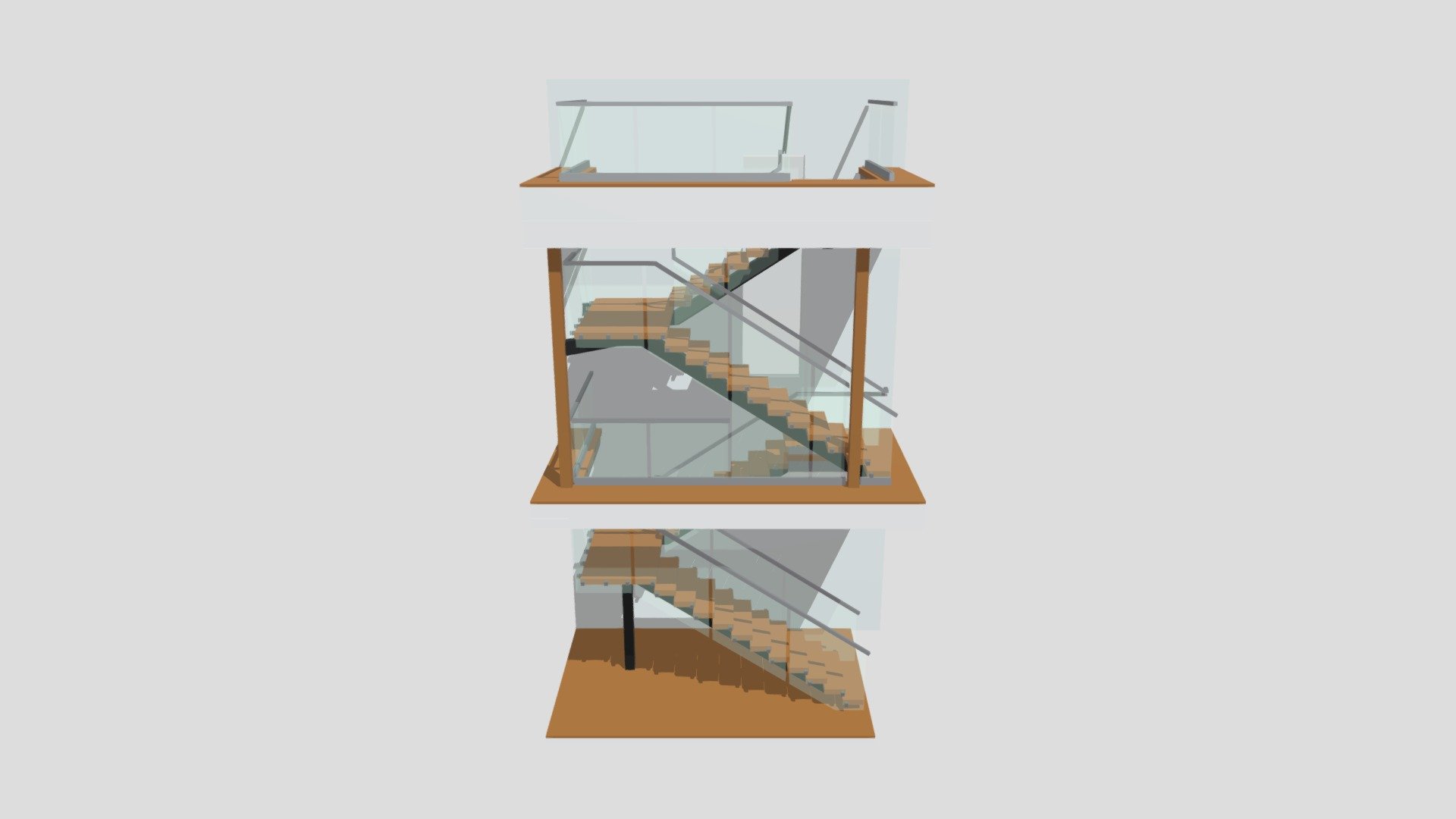 Mono-Beam Straight Stair, Glass Balustrade with Standoff fasteners and Glass Base Shoe on Balconies. Beam is powder coated black, White Oak treads and Risers, Aluminum Handrail, Standoff and Glass Shoe is Brushed Stainless Steel 3d model