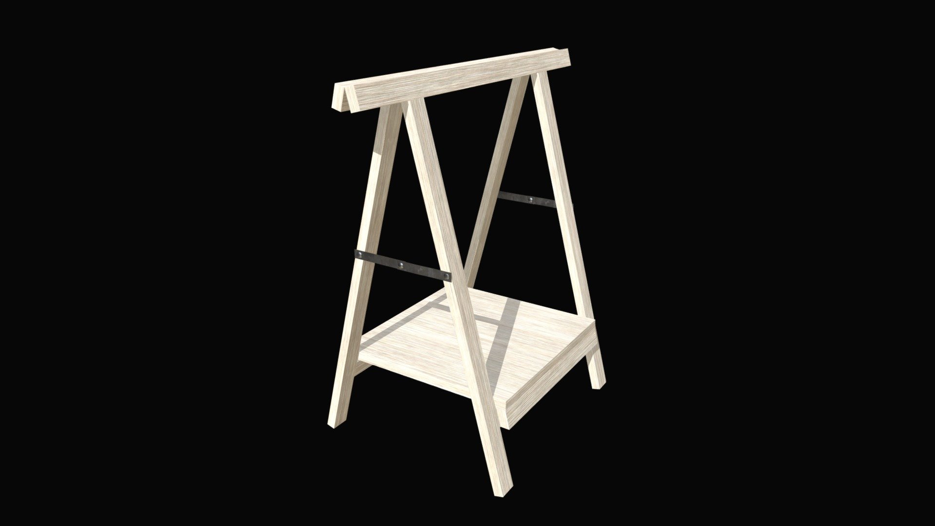 === The following description refers to the additional ZIP package provided with this model ===

Trestle support 3D Model, nr. 2 in my collection. This one can be open/closed (like the first one); plus, it has a (removable) bottom shelf. 5 individual objects sharing the same non overlapping UV Layout map, Material and PBR Textures set. Production-ready 3D Model, with PBR materials, textures, non overlapping UV Layout map provided in the package.

Quads only geometries (no tris/ngons).

Formats included: FBX, OBJ; scenes: BLEND (with Cycles / Eevee PBR Materials and Textures); other: 16-bit PNGs with Alpha.

5 Objects (meshes), 1 PBR Material, UV unwrapped (non overlapping UV Layout map provided in the package); UV-mapped Textures.

UV Layout maps and Image Textures resolutions: 2048x2048; PBR Textures made with Substance Painter.

Polygonal, QUADS ONLY (no tris/ngons); 3270 vertices, 3228 quad faces (6456 tris).

Real world dimensions; scene scale units: cm in Blender 3.3 (that is: Metric with 0.01 scale) 3d model