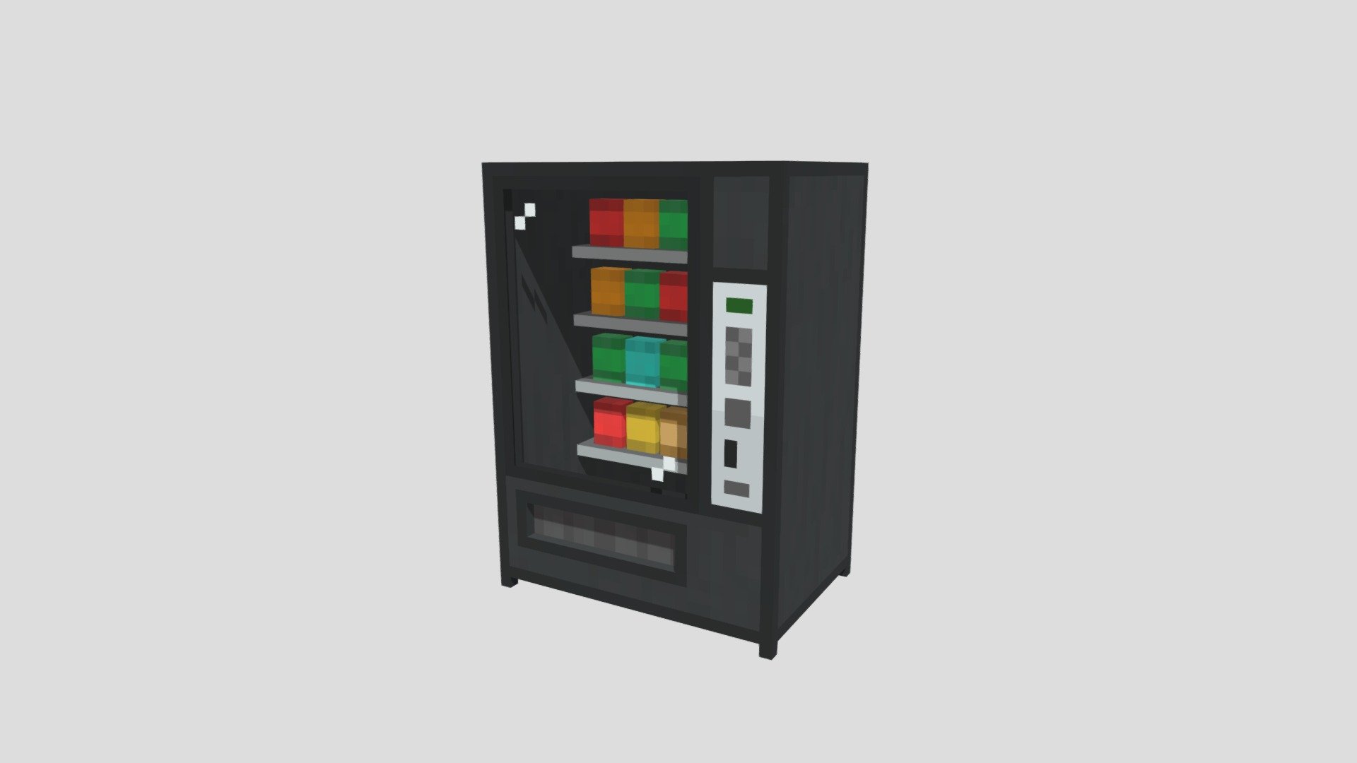 I created this model with Blockbench and Paint 3D for the textures, for use in a Minecraft map. Players can interact with the vending machine to purchase food items and drinks with Dino-coins 3d model
