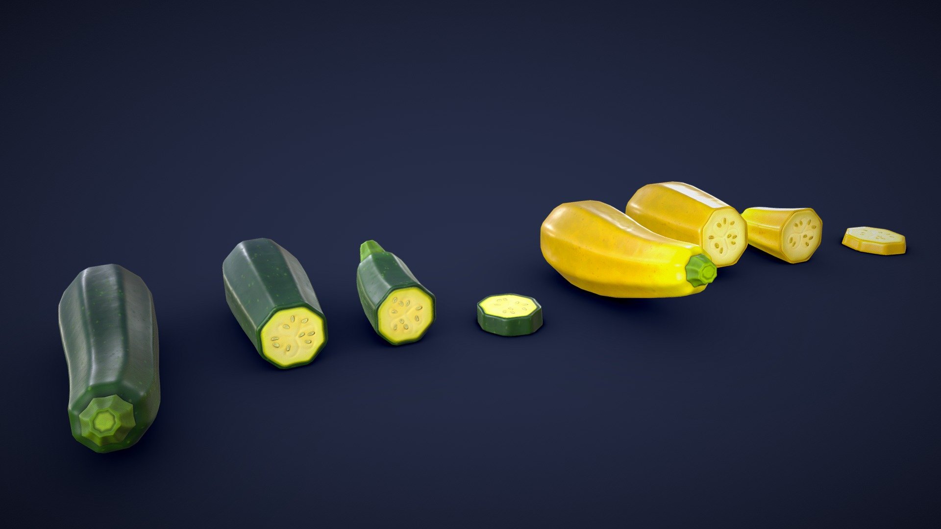 This asset pack contains 8 different zucchini meshes. Whether you need some fresh ingredients for a cooking game or some colorful props for a supermarket scene, this 3D stylized zucchini asset pack has you covered!

Model information:




Optimized low-poly assets for real-time usage.

Optimized and clean UV mapping.

2K and 4K textures for the assets are included.

Compatible with Unreal Engine, Unity and similar engines.

All assets are included in a separate file as well.
 - Stylized Zucchini - Low Poly - Buy Royalty Free 3D model by Lars Korden (@Lark.Art) 3d model