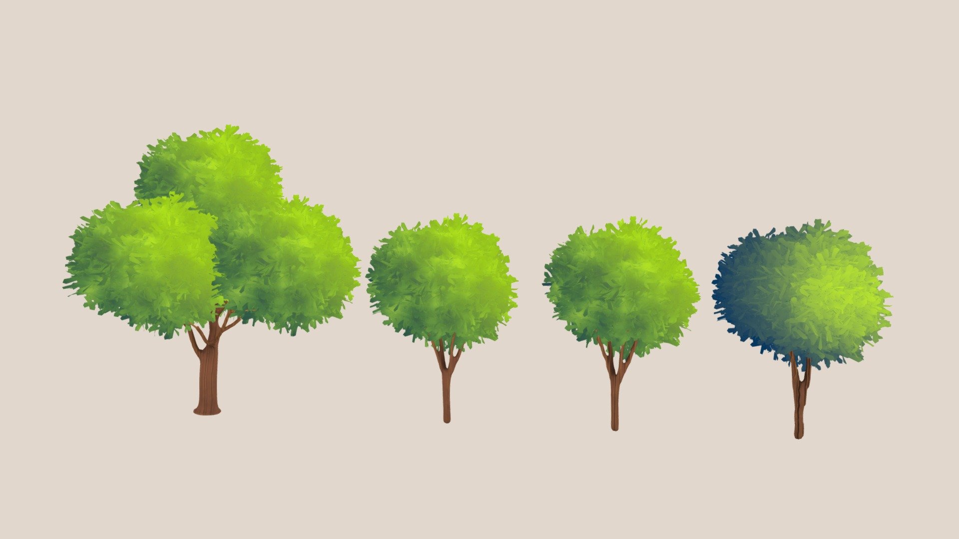 Another one set of toon stylized trees

The leaves are a bit hig poly but they couldnt look that good in lower poly count

A ball of leaves is around 40.000 tris

2 different textures included for the leaves so you can choose which one you like more depends on the style you are going for

They look handpainted and they are ready for your next toon animation project 

Just copy paste the ball of leaves to any kind of tree bark you like and you are ready to go 😁😁

Fbx and blender files included 3d model