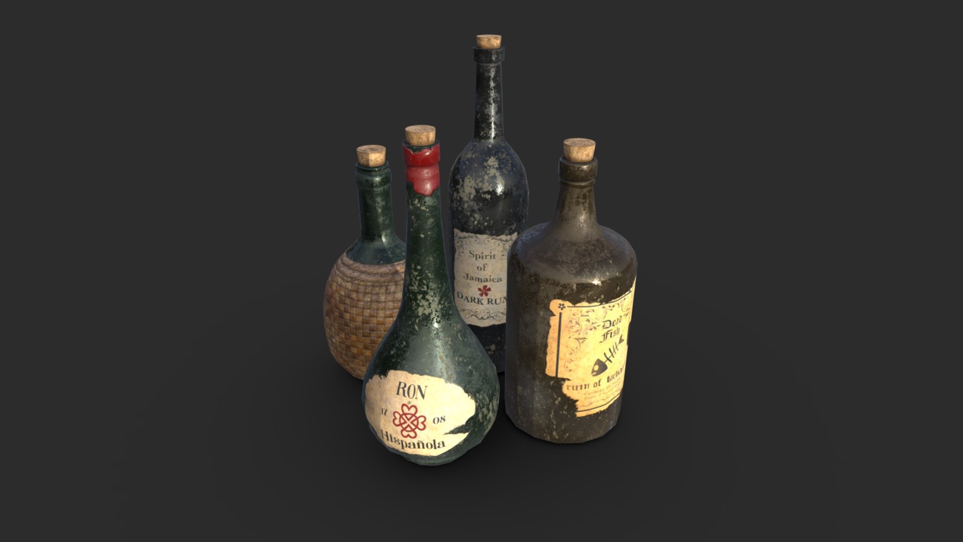 This vintage rum bottle pack including 4 individual objects with 3 LODs and collision boxes to get the best optimization and the best quality for the most popular game engines. 



This AAA game asset of old rum bottles will embellish you scene and add more details which can help the gameplay and the game-design.

Low-poly model &amp; Blender native 2.91

SPECIFICATIONS


Objects : 4
Polygons : 1200
Subdivision ready : Yes
Render engine : Eevee (Cycles ready)

GAME SPECS


LODs : Yes (inside FBX for Unity &amp; Unreal)
Numbers of LODs : 3
Collider : Yes
Lightmap UV : No

EXPORTED FORMATS


FBX
Collada
OBJ

TEXTURES


Materials in scene : 1
Textures sizes : 4K
Textures types : Base Color, Metallic, Roughness, Normal (DirectX &amp; OpenGL), Heigh &amp; AO (also Unity &amp; Unreal workflow maps)
Textures format : PNG
 - Old Rum Bottles - Buy Royalty Free 3D model by KangaroOz 3D (@KangaroOz-3D) 3d model