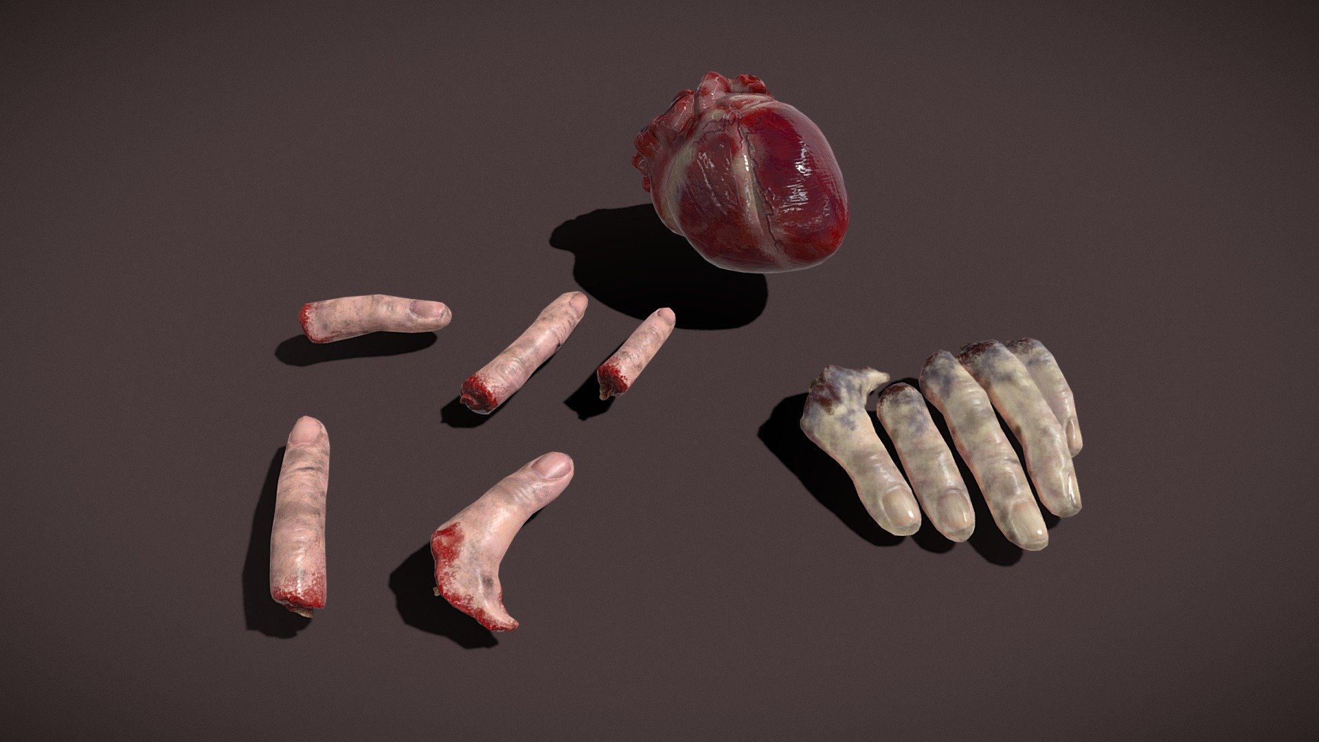 Severed Fingers and Heart 3D Model Set. PBR Texture available in 4096 x 4096 Maps include : Basecolor, Normal, Roughness, Height and Metallic. These Models are part of a larger pack. Visit our Shop to get more severed body parts.  Scaled to real world scale. Customer Service Guaranteed. From the Creators at Get Dead Entertainment. Please like and Rate! Follow us on FaceBook and Instagram to keep updated on all our newest models. https://www.facebook.com/GetDeadEntertainment/ - Heart and Severed Fingers Pack - Buy Royalty Free 3D model by GetDeadEntertainment 3d model