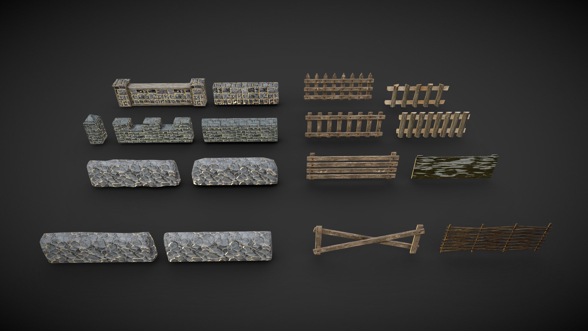 Sketchfab viewport textures are at 1024x1024 , Actual rar. file textures at 2048x2048.

Pack of 16 Lowpoly models.

Fence1: 144 polys , 155 verts.
Fence2: 160 polys , 173 verts.
Fence3: 7 polys , 12 verts.
Fence4: 35 polys , 48 verts.
Fence5: 132 polys , 145 verts.
Fence6: 184 polys , 199 verts.
Fence7: 25 polys , 24 verts.
Fence8: 113 polys , 136 verts.
Fence9: 24 polys , 32 verts.
Fence10: 36 polys , 48 verts.
Fence11: 60 polys , 80 verts.
Fence12: 98 polys , 120 verts.
Fence13: 456 polys , 576 verts.
Fence14: 18 polys , 24 verts.
Fence15: 90 polys , 140 verts.
Fence16: 200 polys , 231 verts.
Corner: 10 polys , 12 verts.

The rar. file contains a folder for  Textures(Unreal4 and unity5) , Fbx's and Obj's files 3d model