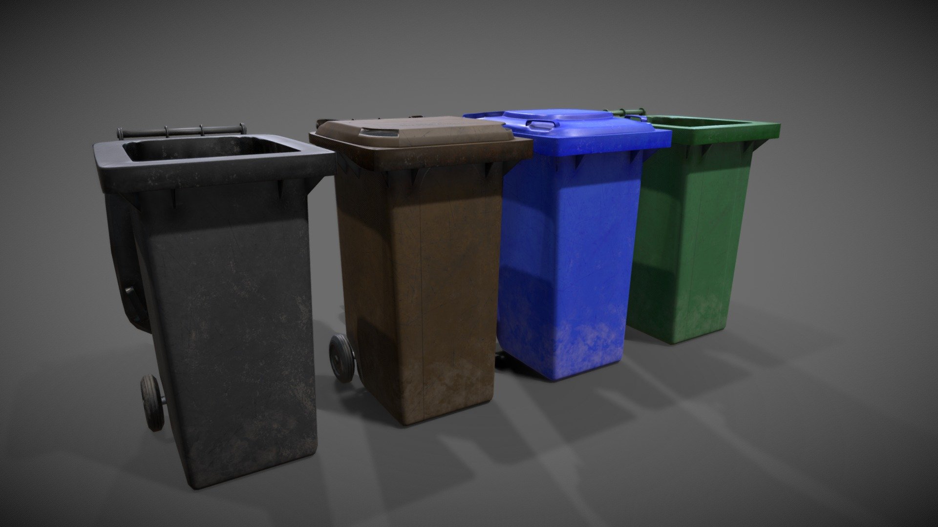 Low poly wheelie bins

2 different models with different lids and 4 textures.

1200 polys

Textures are 2048x2048 PBR

Also included is the .PSD for ease for changing colours and decal 3d model