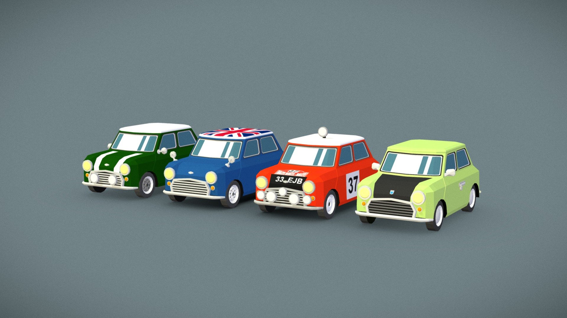 A pack of low poly small classic cartoon cars from around 1960s or 1970s.

There are 4 cars in the pack:
1. Dark green with white stripes
2. Dark blue with a flag colored roof
3. Red Rally car with additional lights
4. Light green with a black engine hood




The models are flat shaded low poly colored with a texture.

Can be easily recolored.

Optimized for mobile games.

The pack includes all four cars in one file as well as additional 4 files with individual cars per file 3d model