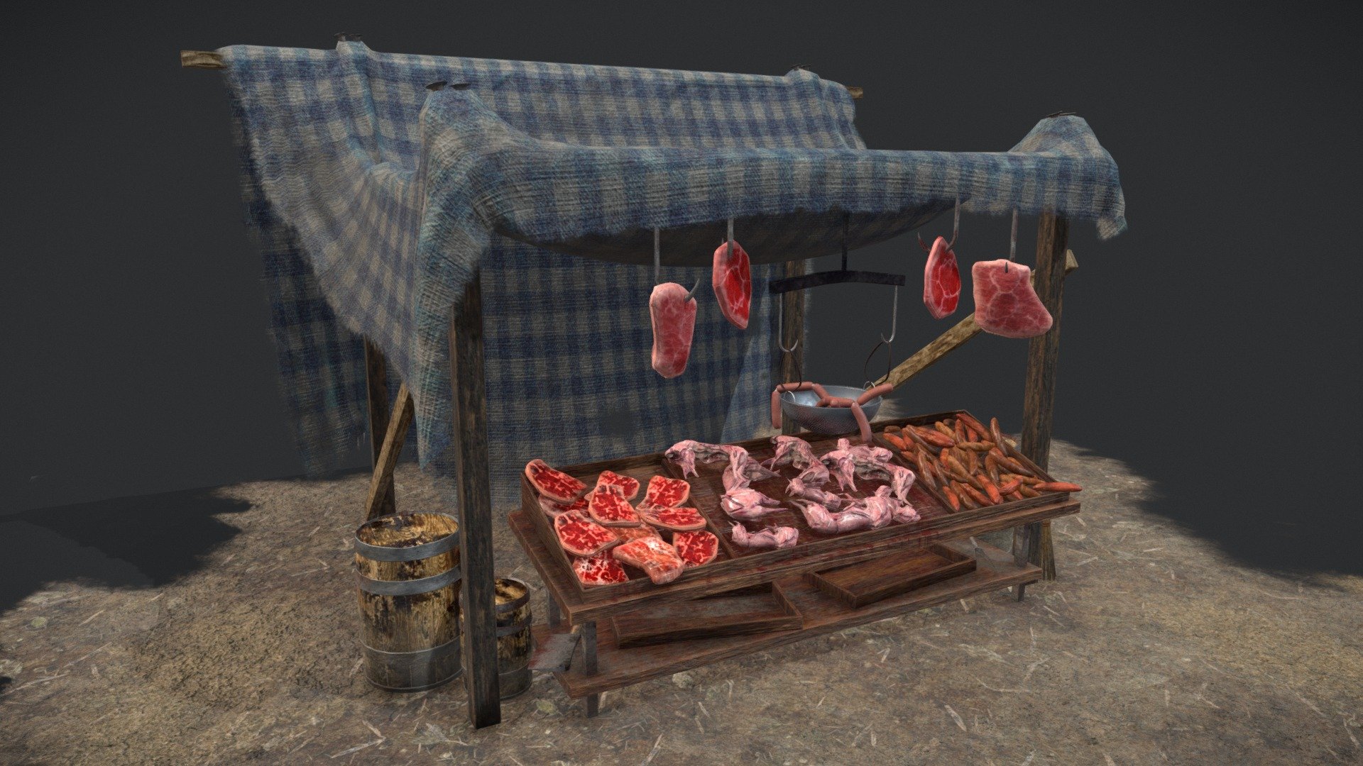 Medieval Style Meat Stall 3D Model PBR Texture available in 4096 x 4096 Maps include : Basecolor, Normal, Roughness, and Metallic. Model contains 13 Materials / Textures. One Model File 3d model