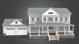 Colonial style House exterior, garage, big, pillars, american, suburban, architecture, game, blender, pbr, design, home, city, building