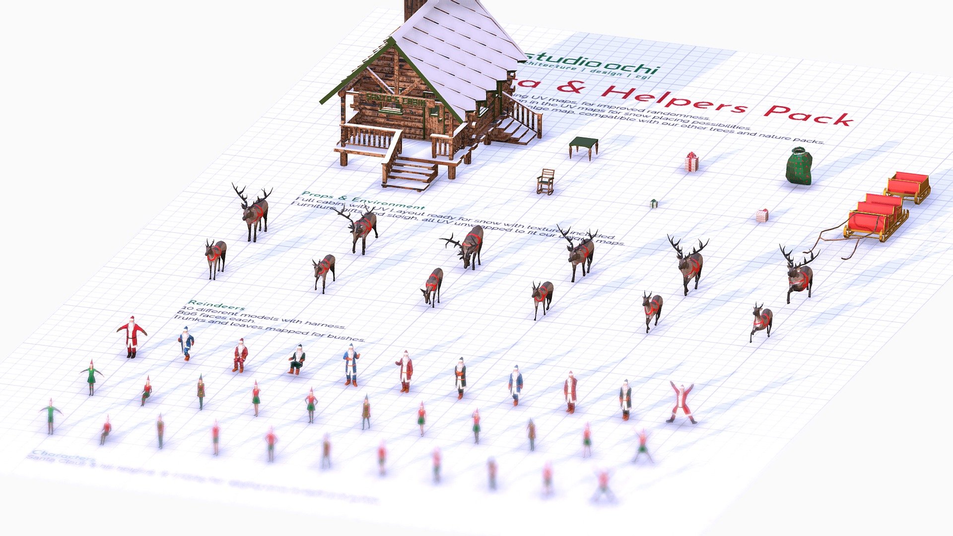 Release date December 1st!   Includes 54 objects  Lowpoly set of characters, animals and props  All files in BLEND (native), 3DS, OBJ, FBX, DAE *  A full cabin with chimeney fire pit, windows and doors as separated objects. * Rocking chair and table. * 3 gifts and gist bag. * Sleigh and towing sleigh with ropes. * Reindeers, male and female in 5 poses plus base mesh in rest pose. * Santa in T-pose plus 10 different poses- * Elfs in T-pose plus 10 different poses.   - Santa & Helpers - Buy Royalty Free 3D model by Studio Ochi (@studioochi) 3d model
