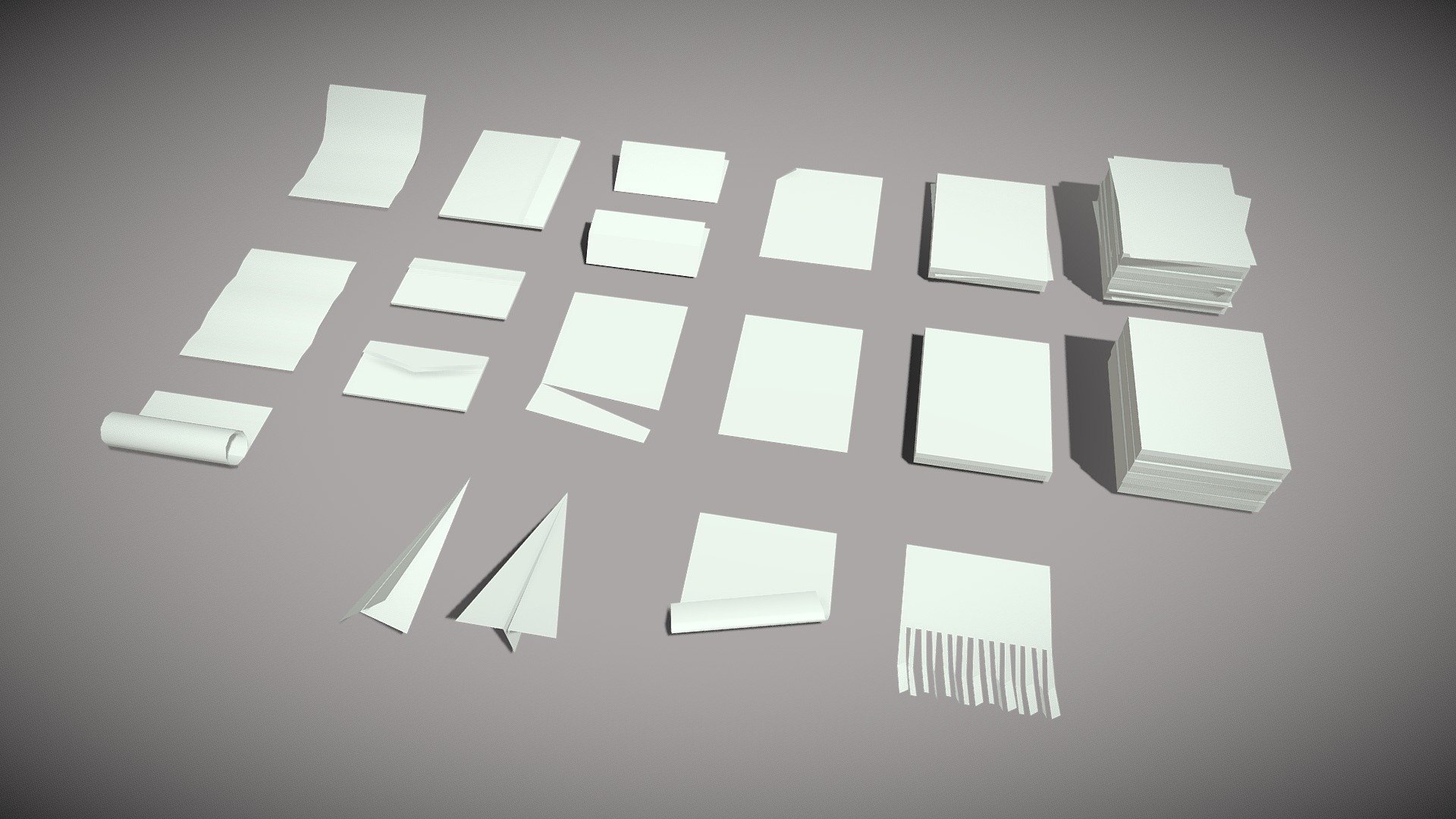 Paper, Envelope, Plane.

No textures or uv channels, one shared material 3d model