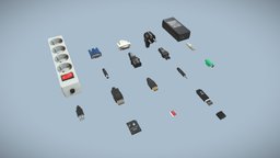 Connectors computer, power, jack, usb, sd, plug, hdmi, connector, strip, adapter, net, game-ready, cable, flashdrive, cord, dvi, vga, displayport, low-poly, pbr