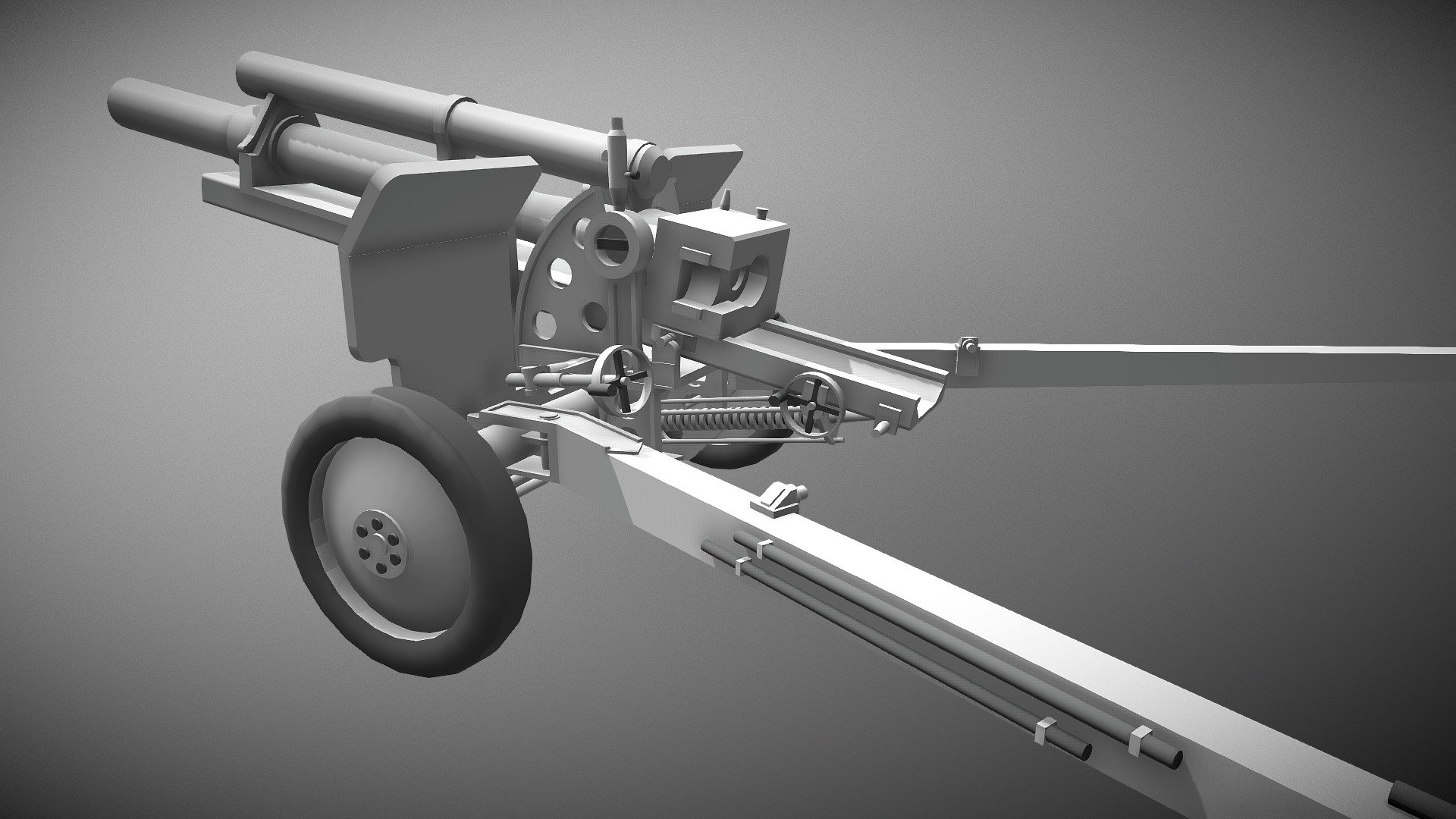 This is a (somewhat) low-poly replica of the M2A1 105mm field howitzer.

The M2A1 is a field artillery gun used by allied forces during the second world war, it could fire a 33 pound (14.9kg) high explosive shell a distance of up to 12,200 yards.

This was my first &ldquo;large