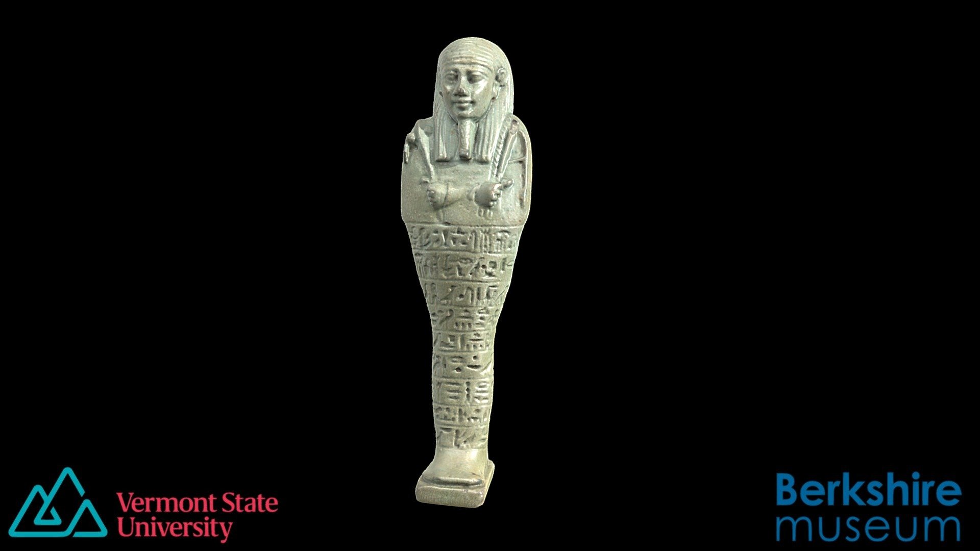 Shabti, Collection of the Berkshire Museum (1905.6.2). Shabti of Amose, Royal Scribe. Dynasty 30 of Egypt. Faience. Gift of Zenas Crane. Length: 7.402 inches.  Translation provided: 