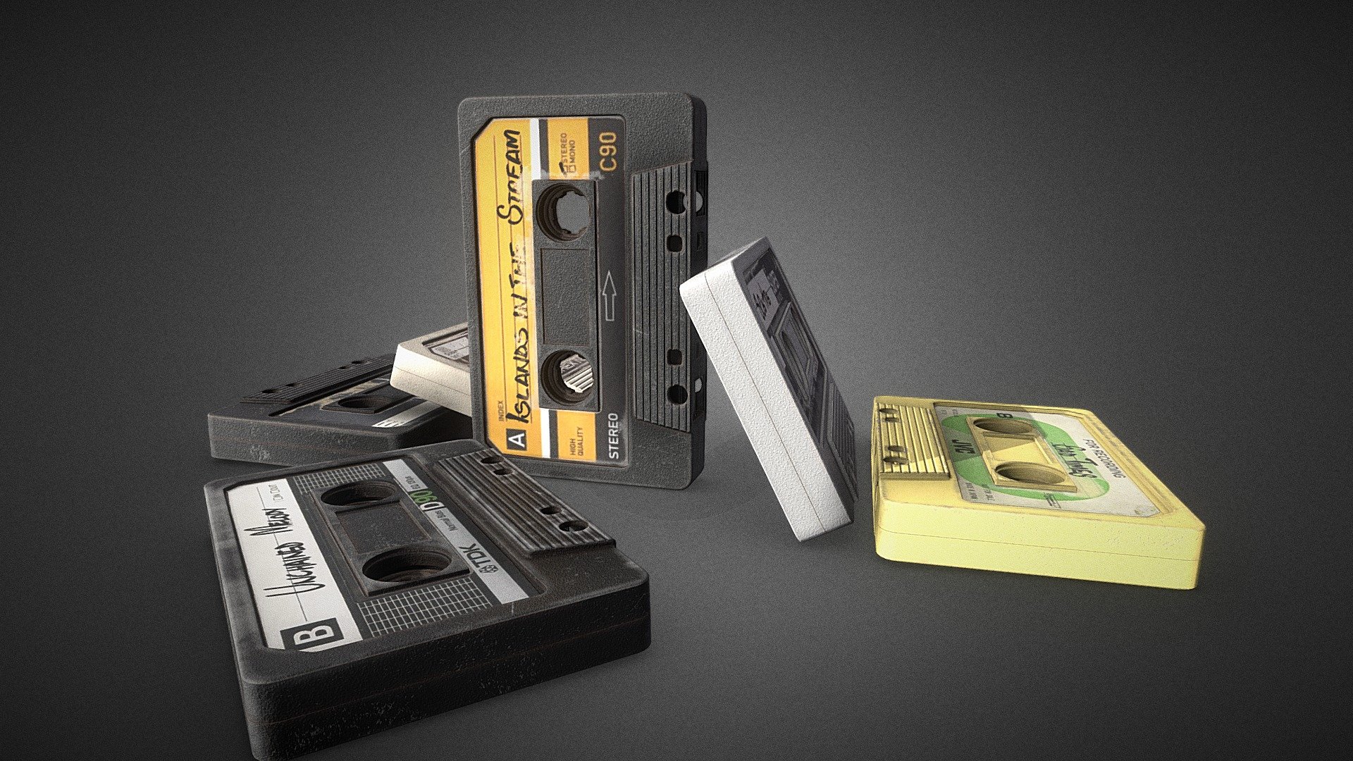 A set of 6 old Cassette tapes; modelled in Blender and textured in Substance Painter. Each model utilizes 1UV set with 2k textures with 8 bit maps and 16bit normal map; I varied the colours, labels and the design slightly for purposes of preference and variaty for anyone who may want to use any of them. The cassettes were textured having an old, worn and dusty kind of feel and story to it 3d model