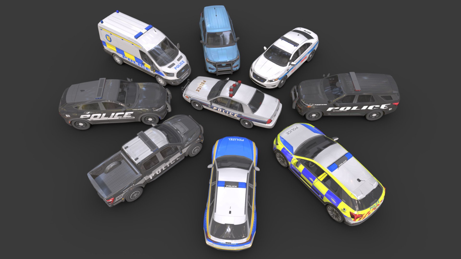Police Cars Pack 1



This package has 9 car models



Low-poly



Average poly count : 30,000



Average number of vertices : 30,000



Textures : 4096 / 2048 / 1024



High quality texture.



format : fbx , obj , 3d max



Isolated parts (Door, steering wheel, wheels, body).


 - Police Cars Pack 1 - Buy Royalty Free 3D model by Sidra (@sajadrabiee.1994) 3d model