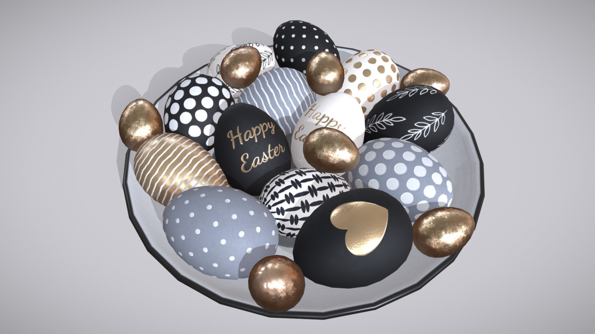 Detailed model of Easter eggs with black and white design, laid out on a plate.
Stylish and graphic Easter eggs perfect fit for creating a festive tablescape.

And will add an Easter charm to your 3D project, game or metaverse:)





Model info



quads clean topology, 5k faces

clean unwrapped UV

5 sets of texture maps (BaseColor, Metallic, Roughness, Normal) in 4K and 2K resolution

5 materials

ready to use in blend, fbx and obj formats

Built with Blender. Origin Blender file attached.


Thanks for watching^.^
Have questions about the model?

Mail me: tochechkavhoda@gmail.com - Black and white Easter eggs - Buy Royalty Free 3D model by tochechka 3d model