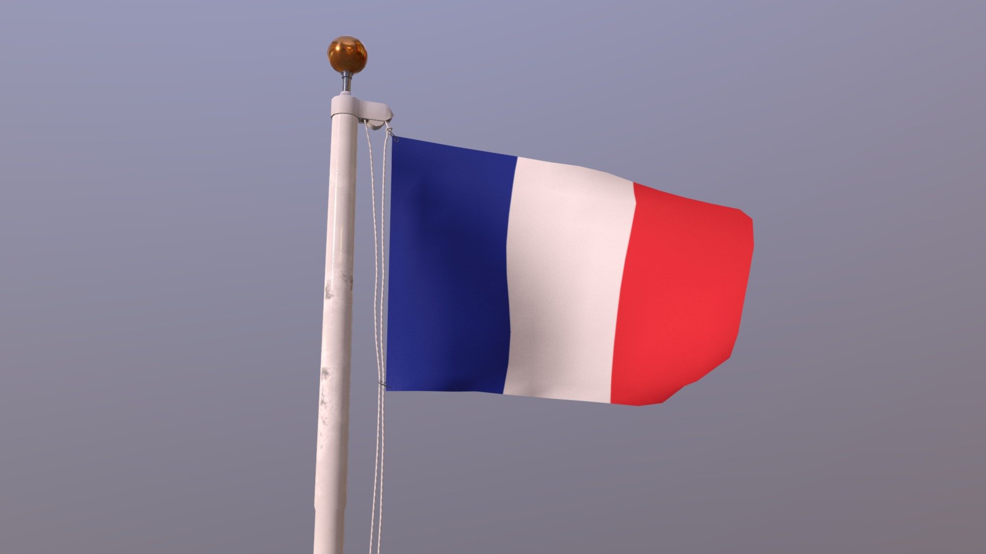 Flag of France (waving in the wind) | Drapeau de la France (agitant au vent)

A low poly 3D model of an animated and rigged flag. The low poly flag was modeled and prepared for low-poly style renderings, general visualization, background.

UV Layout maps and Image Textures resolutions: 1024x1024 px; PBR Textures created and baked (SimpleBake) in Blender and included diffuse, roughness, metalness and normal maps. 
The entourage is separate object, 2D girl for visual scale (175 cm) plus terrain, and have simple material with colors and it's just for presentation.

The animation has 190 frames.

Details:

real world dimensions




Flag cloth size

-length: 140 cm
-width: 90 cm




Flagpole size

-diameter: 10 cm
-height: 680 cm

v.7 - Flag of France (animated) - 3D model by mihais (@m1hais) 3d model